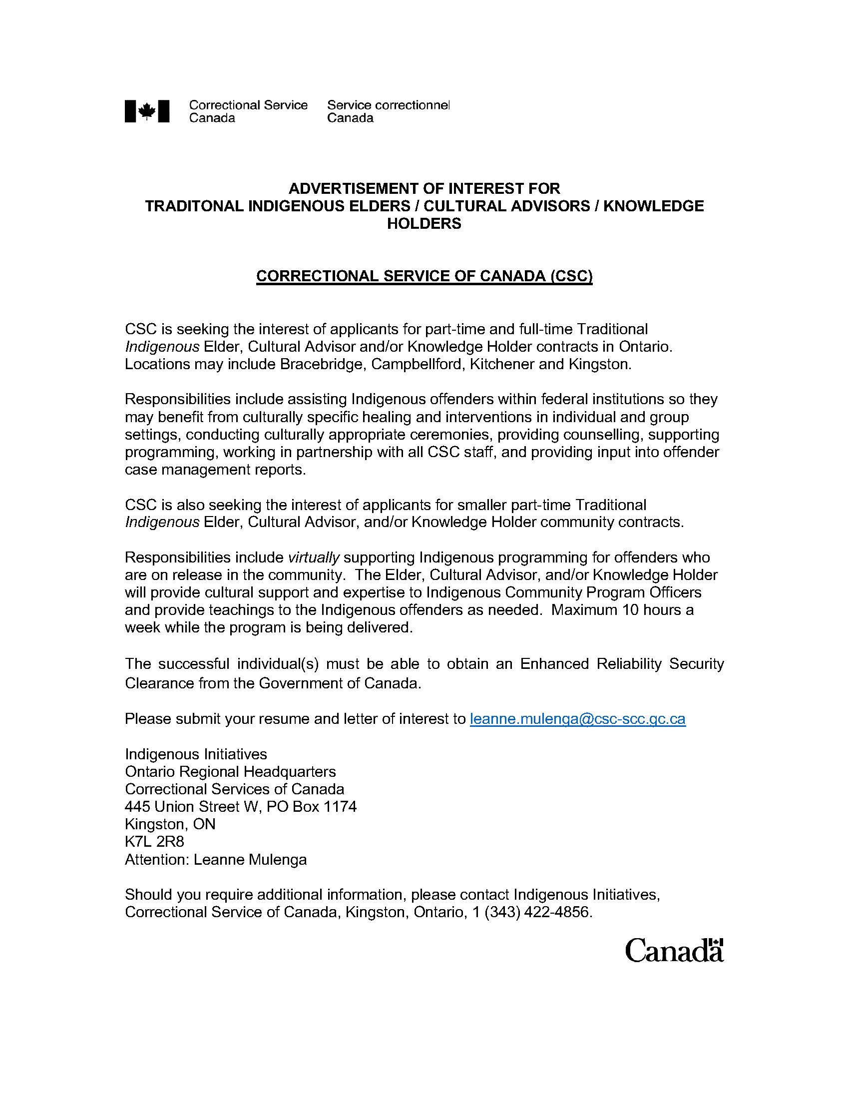 CSC Indigenous Ontario Region 2025