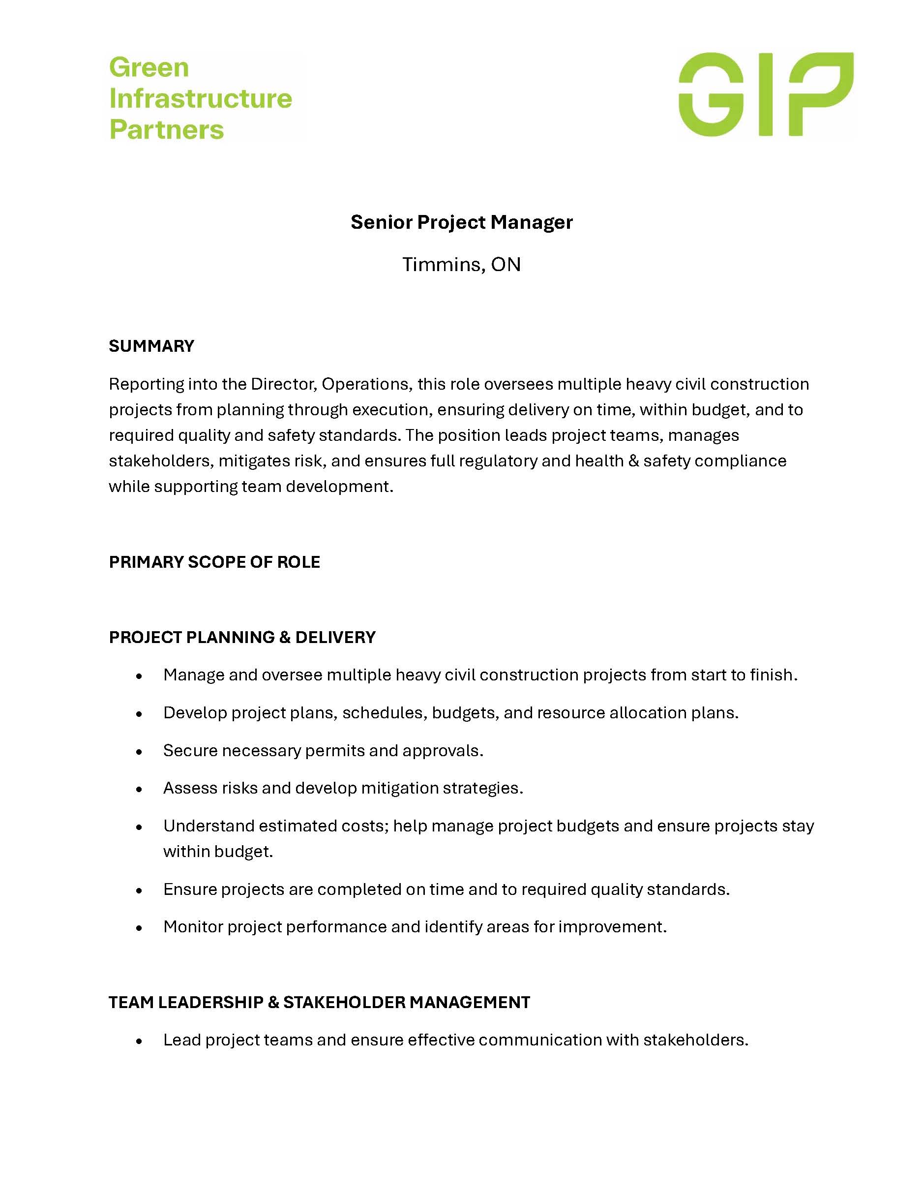 Senior Project Manager Timmins ON Page 1