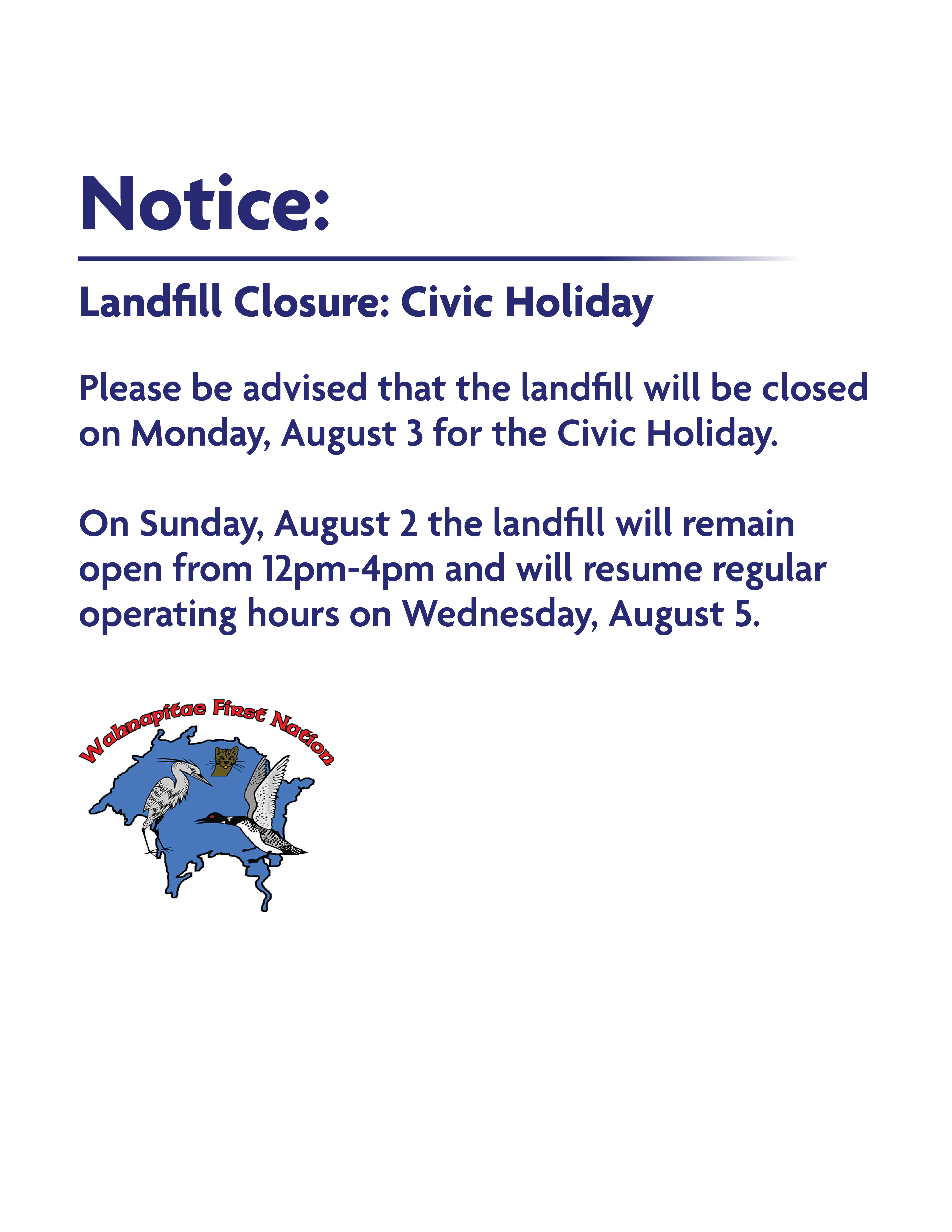 notice landfill closed civic holiday aug2026